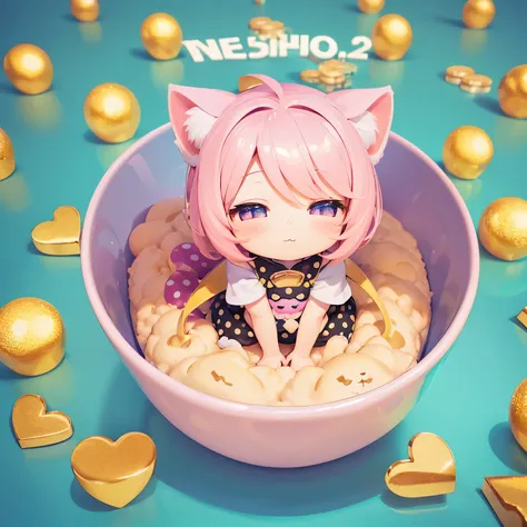 best quality, (text: “222”:1.2), (chibi , deformed, full body, big head:1.5, 3D), cute cat, background pastel colored polka dots and heart pattern, scattered gold powder