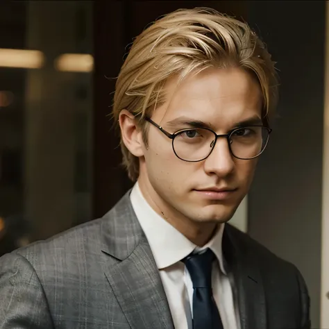 Lawyer, blonde hair, male, glasses, realistic, smart