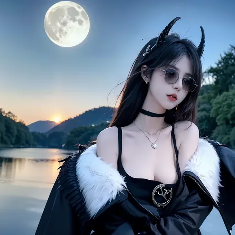 sunglasses,satanic necklace,choker, black dress, showing tits, black veil, satanic earing,standing in the lake with moon in the ...