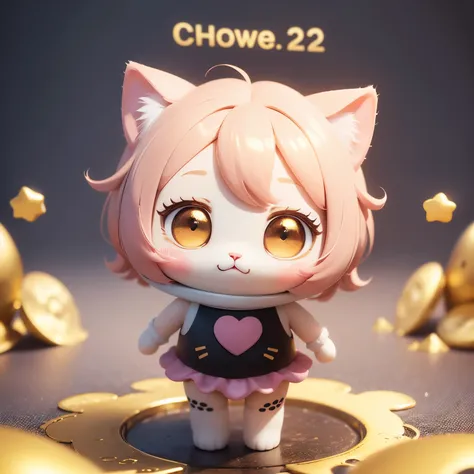 best quality, (text: “222”:1.2), (chibi , deformed, full body, big head:1.5, 3D), cute cat, background pastel colored polka dots and heart pattern, scattered gold powder