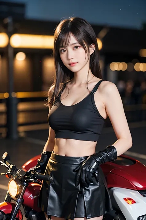 (8k, best quality, masterpiece:1.2), (realistic, photo-realistic:1.37), ultra-detailed, 1 girl,cute, solo, (tifa lockhart), (small breasts),(beautiful detailed eyes), (smile:1.2), (closed mouth), erotic pose, dancing, neon lights, cityscape, depth of field...