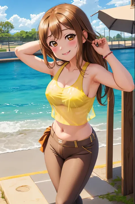 masterpiece, best quality, solo, cowboy shot,kunikida hanamaru, blushing , smile ,(chibi:1.2), yellow tank top,tank top is see through, navel, brown yoga pants , outdoor, standing,no bra , nipple ,big breasts ,wide hips 