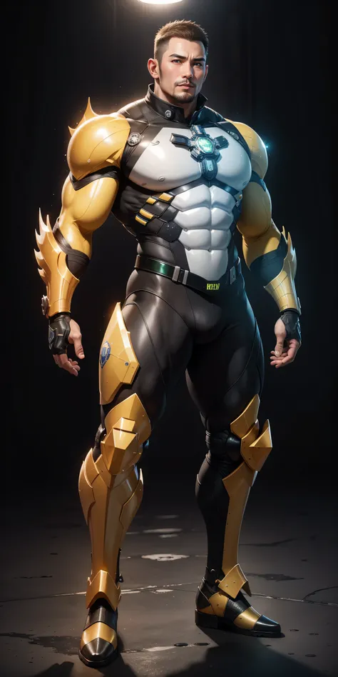 Tall giant muscular police officer，Yellow-gray honeycomb network pattern nano mecha，Colorful lighting effects，giant mechanical wings，character concept（Resident Evil - chris redfield，chris redfield）senior police officer，small grid texture，regular symmetrica...