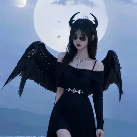 sunglasses,satanic necklace,choker, black dress, showing tits, black veil, satanic earing,standing in the lake with moon in the ...