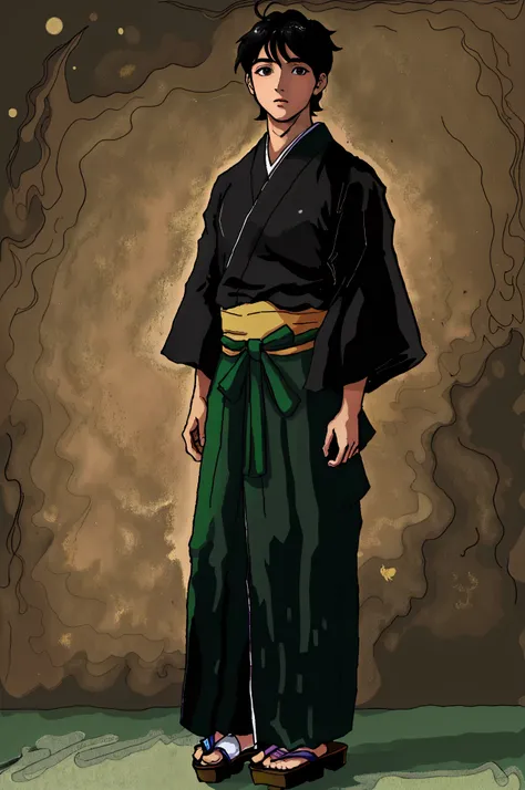 ((highest quality)), ((masterpiece)), (be familiar with), anime style, perfect face, whole body, Are standing, めちゃくちゃbe familiar with, ultra high resolution, super detailed, highest quality, juvenile, young man, kimono, Hakama, wearing tabi socks, Wearing ...