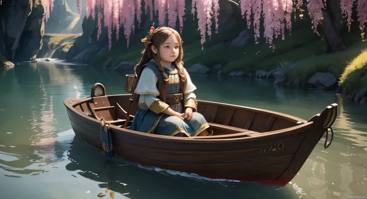 A cinematic, beautiful full body shot of a beautiful, cute looking dwarf lady sitting in a boat enjoying the beautiful scenery high detail, 8k, photorealistic, rule of thirds depth of field intricate details, concept art, vivid colors, detailed design, att...