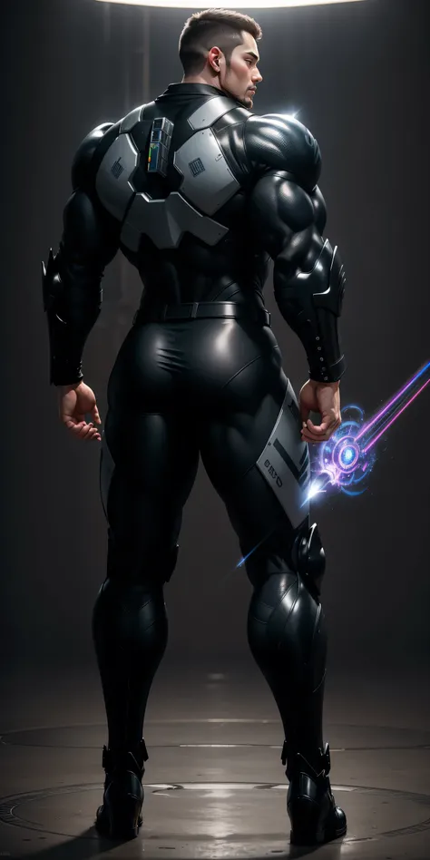 特别High背影, huge, and muscular police officer，Bright black mesh nano-mecha，The back is opened with colorful light effects surrounding huge mechanical wings.，round butt，Highlights，character concept（Resident Evil - chris redfield，chris redfield）senior police o...