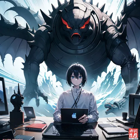 In an unexpected fusion of modern technology and legendary monstrosity, a Godzilla figure is depicted working diligently at a MacBook computer. The blank expression on its massive, featureless face conveys intense concentration as it focuses on the screen....