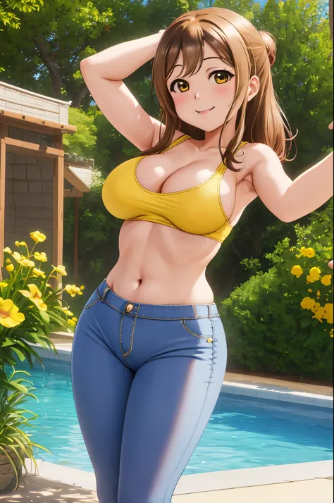 masterpiece, best quality, solo, cowboy shot,kunikida hanamaru, big breasts,no bra,blushing , smile ,(chibi:1.2), curvy body,yellow tank top, navel, brown yoga pants , outdoor, standing