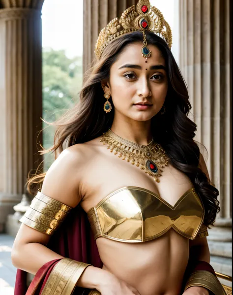 looks like actress tridha chaudhary , "design an illustration of a stunning and powerful warrior queen with a regal presence. pr...