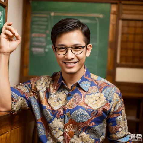 (A :1.3),(Masterpiece, Best quality:1.4), (handsome, Aesthetic, wearing glasses, Intricate:1.2),((Best quality)), ((Masterpiece)), (Detailed),(A high resolution:1.2), Classroom, animation cartoon, A man teacher cartoon, Smiling, wearing batik clothes, Glas...