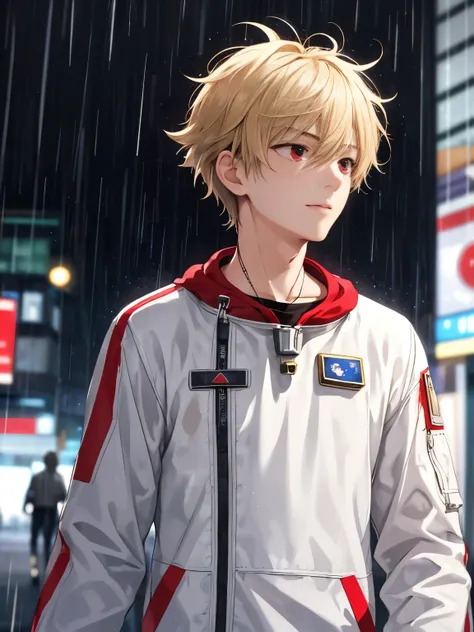 1 boy,solo,20 years old,guy,Walk,In the city, heavy rain,looking away,HD face,Focus on face,cross necklace,handsome,messy hair,Perfect face, detailed face, short hair, blonde hair,Wear an astronaut suit,,red eyes,bright red eyes, vampire