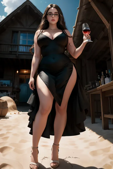 masterpiece, best quality, hyperrealistic, cinematic photo, 25 year old woman, pale skin, American amazing curvy body, voluptuous, ((Tight black dress)), sexy glasses, long brown hair, perfect thick legs, wide hips, big butt, lifted butt,large breasts, per...