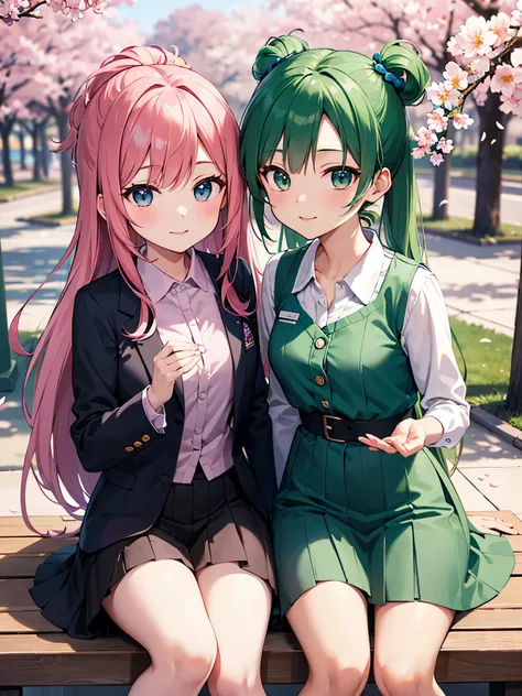 (masterpiece), best quality, high resolution, highly detailed, detailed background, perfect lighting, outdoor, cherry blossoms in full bloom,
Two anime characters miku nakano and yotsuba nakano