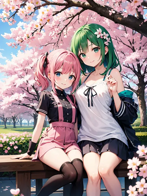 (masterpiece), best quality, high resolution, highly detailed, detailed background, perfect lighting, outdoor, cherry blossoms in full bloom,
Two anime characters miku nakano and yotsuba nakano