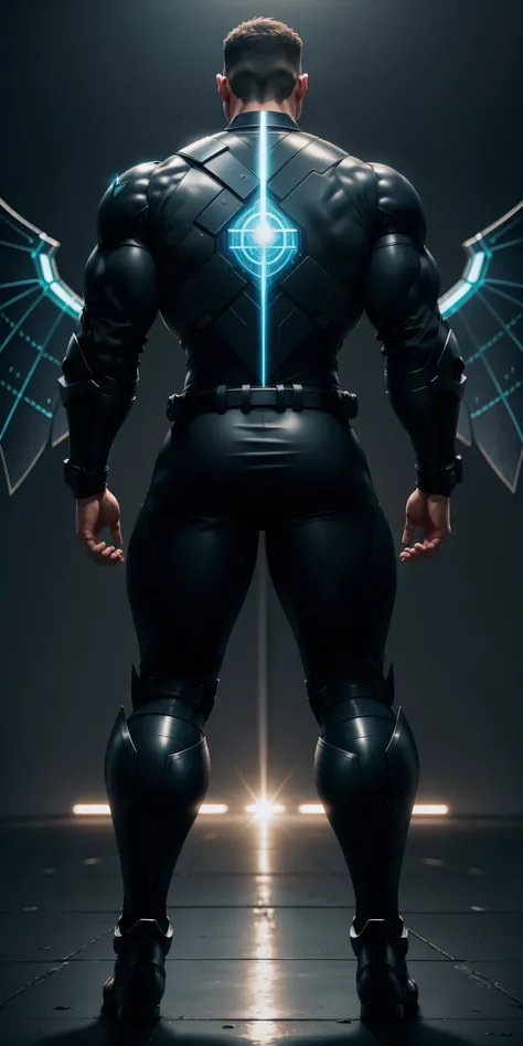 特别High背影, huge, and muscular police officer，Bright black mesh nano-mecha，Super huge aurora mechanical wings unfold on the back，round butt，Highlights，character concept（Resident Evil - chris redfield，chris redfield）senior police officer，small grid texture，re...