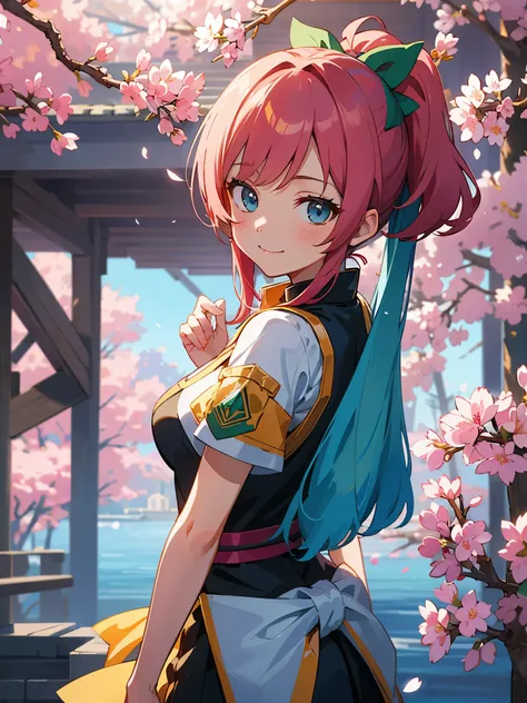 morning sun,lens flare,specular reflection,cinematic lighting,looking back,(very cute girl,closed mouth) smile,(cherry blossom:1.2), smile, looking at viewer,, masterpiece, best quality:1.4,high quality, detailed, (fantasy:1.4), (anime), ((extremely detail...