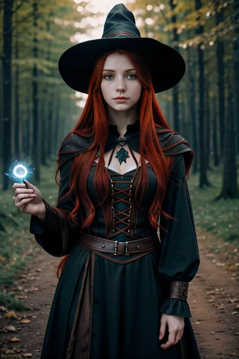 witchy, RPG, sorceress, Magic, Red-haired woman,Young 14 years old Russian