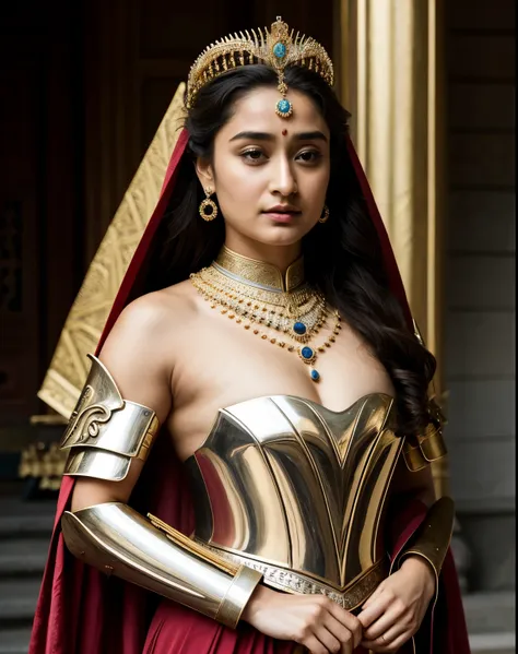 looks like actress tridha chaudhary , "design an illustration of a stunning and powerful warrior queen with a regal presence. pr...