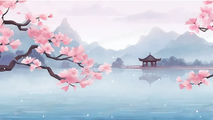 vue panoramique sur un lac avec une pagode et des cerisiers en fleurs, beau fond de lac, oeuvre de paysage, beau fond de paysage, une belle illustration d&#39;work of&#39;art, art de fond, beau fond, paysage chinois, in a Paysage serein, illustration serei...