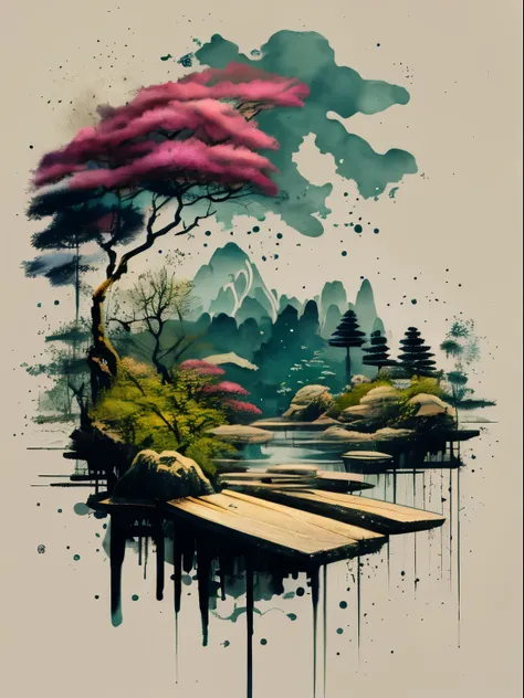 graffiti comics，墙上的water墨画，composing a landscape， monte， water， tree，彩色墨water，color dripping，