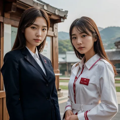 Korea beautiful cabin crew girls stand near by Jesus Christ cross 