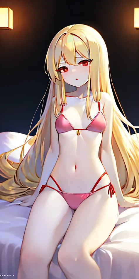 anime girl in pink bikini sitting on bed with long blonde hair, seductive anime girl, small curvy , beautiful alluring anime teen, shes on my bed in pink bikini, white haired anime girl with long hair, anime girl, beautiful alluring anime woman, (anime gir...