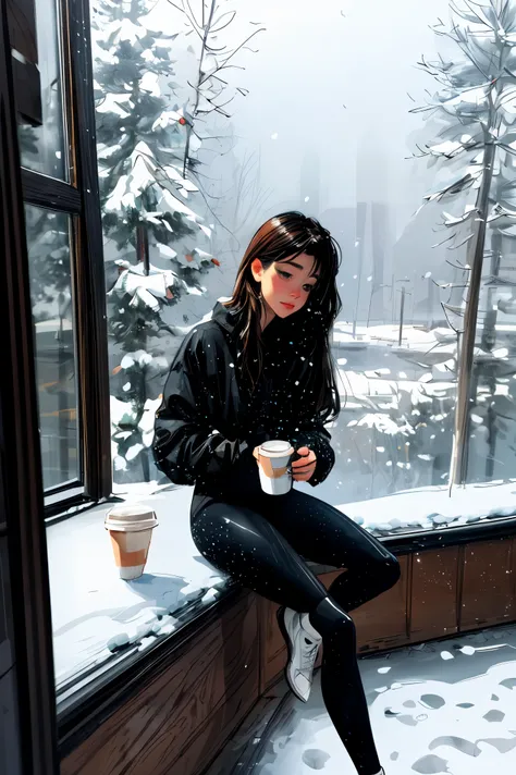 Illustration of a woman sitting on a window sill and holding a cup of coffee, illustration!, Songs inspired by Itō Shinsui, It&#39;s cold snow falling outside, girl on the window sill, Pascal Campion(Pascal Campion)Works inspired by(Pascal Campion), waterc...