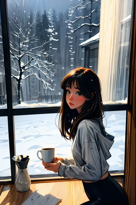 Illustration of a woman sitting on a window sill and holding a cup of coffee, illustration!, Songs inspired by Itō Shinsui, It&#39;s cold snow falling outside, girl on the window sill, Pascal Campion(Pascal Campion)Works inspired by(Pascal Campion), waterc...