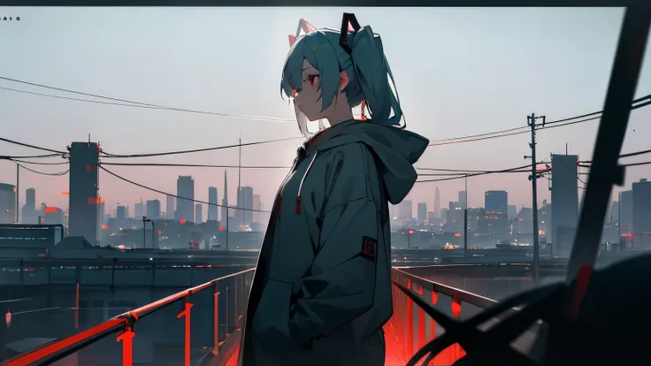 , gray hair, red eyes, dead eyes, wearing a hoodie, pants, sad, pushed down, dark circles under the eyes, Side view, upper body only, rolled up, masterpiece, at night, dim room, very detailed, super sharp, 8k　Hatsune Miku