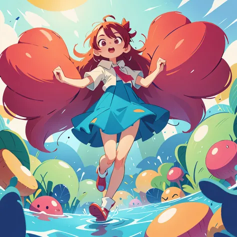 (ultra detailed,ultra high res,detailed background),((2D)),((flat color)),((colorful)),((floating colorful water)),1girl,solo,looking at viewer,BREAK, 