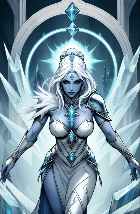 Fantasy Female sorceress, icy white hair, nordic, fair skin, ice golem