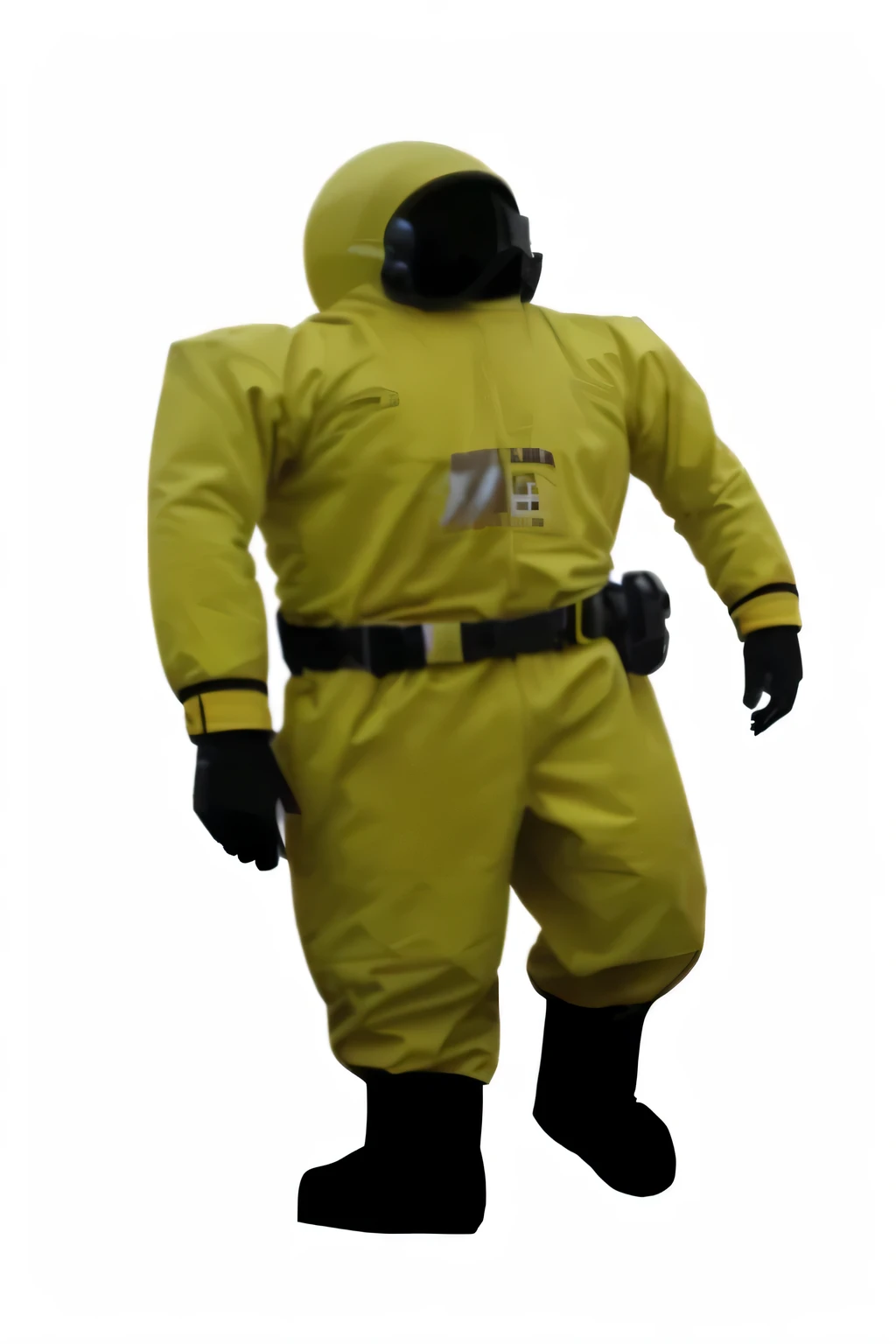 a close up of a person in a yellow space suit, yellow space suit, wetsuit, Technical Services, rubber undersuit, Whole body and clothes, Space pressurized suit, A single man wearing protective clothing, Hazmat kit, Perfectly integrated into the space, comp...