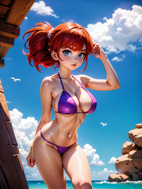 Redhead anime girl with pink and purple half-transparent bikini , saia, 16 anos, corpo bonito, seios grandes, with hands behind head, running your hands through your hair, Garota sexy, red short hair with braid, mechas de cabelo laterais, mechas de cabelo ...