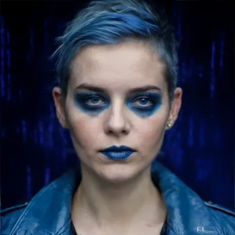 (masterpiece)+, (extremely (realistic)+, portrait of an extremely ugly 25 years old punk woman hacker, blue hair, blue makeup, lots of makeup, Blue leather jacket, Head scar, Extremely pale, Skinny, tomboy, Sickly, Cold calm stare, upper body, Closeup port...