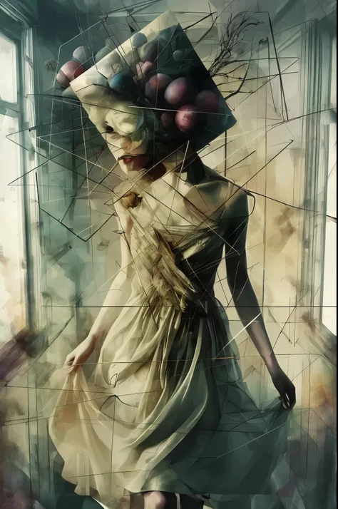 there is a woman in a dress and a hat with fruit on her head, inspired by Arik Brauer, surrealistic digital artwork, inspired by andrey ryabovichev, abstract surrealism, beautiful digital artwork, inspired by Ignacy Witkiewicz, inspired by Darek Zabrocki, ...