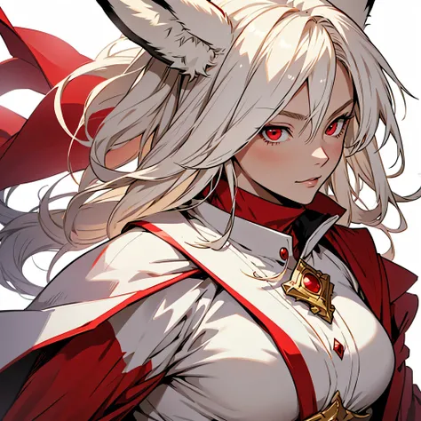 medieval anime art, masterpiece, best quality, by professional artist, female, solo, upper body portrait, detailed composition, detailed eyes, (((white background))), cream hair, fox ears, red eyes, wearing red mage clothes