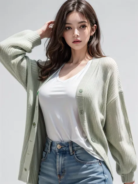 (8k, highest quality, High resolution, RAW photo, masterpiece :1.3), beautiful adult woman, Long contour, ((pure white background)), (Green Cardigan, shirt, Long skirt made of denim material, have), (loose wavy bob hair), ((Accurately express details such ...