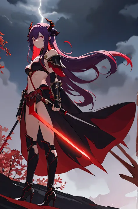 ，the sky is red，black cloak，Holding a red long sword，There are two red horns extending forward on the head.，Wearing bloody armor，Red shoulder armor，red gloves，Red armor on the knees，The armor has sharp edges，Spiked bumps，Long dark blue-purple hair，tube top...