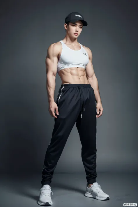 (best quality,4k,8k,highres,masterpiece:1.2),ultra-detailed, 1 women, handsome woman with black short hair, wearing a track suit, wearing a track pants, wearing a sneakers, wearing a hat, tomboy style, gym background, toned muscles, a muscular body with si...