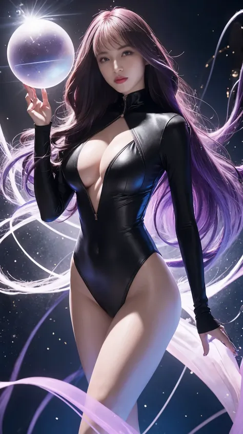 Masterpiece, best quality, 1girl, with long flowing iridescent hair in shades of purple, blue, and green, wearing a sleek black bodysuit, standing in a dramatic pose with one hand on her hip and the other holding a glowing, magical crystal ball. In the bac...