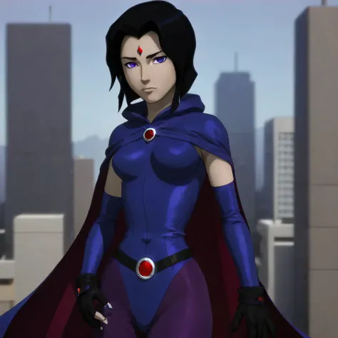 masterpiece,cartoon style,A woman with black hair wearing a suit with black, purple, and blue colors, along with a red jewel on her chest, stands with her hands on her hips. She is dressed in a superhero costume that includes a long-sleeved top, black glov...