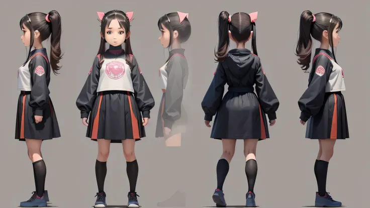 cartoon，10 year old female character，Generate three views，Front view、side view and rear view，Maintain consistency and uniformity
