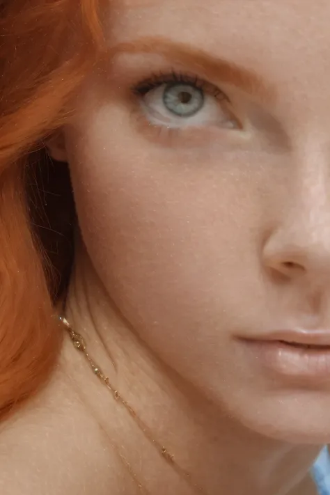 1Girl 18 years old, only, long red hair, the average size , Looking at the viewer, bare shoulders, Blue eyes, Jewelry, whole body, necklace, from the shoulder, Pull, lips, Realistic, nose, flirting with the camera, full height, spread legs and pussy, vagin...