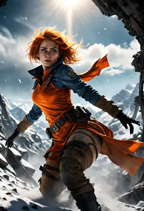 Simulated image from the game SCUM ,Female prisoner wearing orange uniform, Bright blue eyes filled with determination, Standing on the snowy mountain peak, Look down at the sprawling abandoned city below with abandoned skyscrapers., apartment, house, and ...