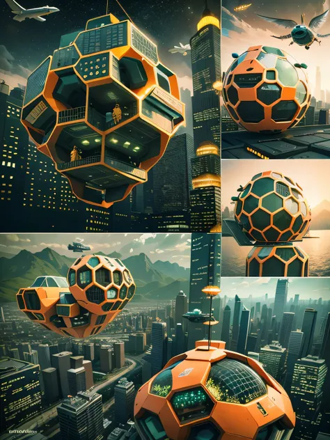 The floating cells of the future of transportation, actual, Work, cyberpunk, HOVERcar STYLE, car, flight, Air,City, street, THROUGH THE Air, drive, High, building, Ski facilities, CitySCAPE，Used to travel between universes，Beehive logo on the cabin，Each sp...