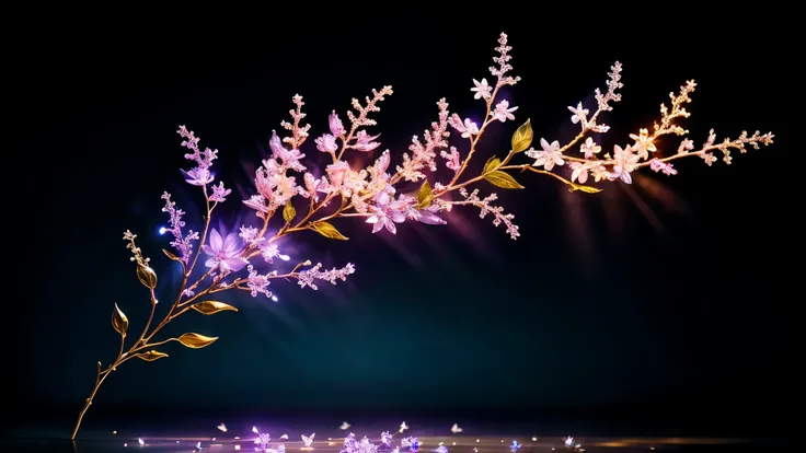 branch of delicate lilac flowers, super transparent, holy light, beautiful spectral light, petals glow, flashing, dark background, drops of transparent light, reflective light, bright, light streaming in, optics, portrait profile, sharp focus, magical, int...