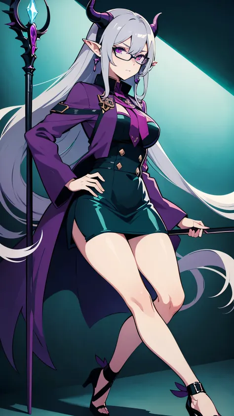 Anime, female, tiefling, warlock, long grey hair, glasses, earring, sexy, miniskirt, high heels, holding staff, teal and purple clothing, 