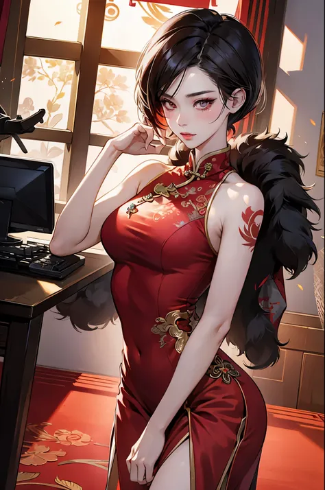 ada wong, chinese dresses, sexy, masterpieces, hyper detailed, noon lighting, movie lighting, blush, corruption tattoo
