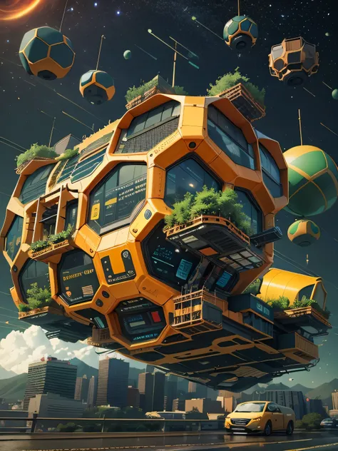 The floating cells of the future of transportation, actual, Work, cyberpunk, HOVERcar STYLE, car, flight, Air,City, street, THROUGH THE Air, drive, High, building, Ski facilities, CitySCAPE，Used to travel between universes，Beehive logo on the cabin，Each sp...